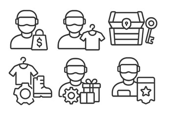 VR Game Line Icons. Line style icons of VR games: in-game purchase, skin store, avatar items, currency icon, unlock chest, premium