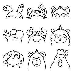 Cute hand drawn doodle animal face icon set