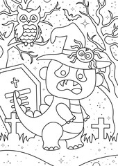 Black and white illustration for coloring book with cute dinosaur wearing a monster mask