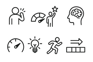 Motivation Icon Set. Line style icons of motivation themes: self-drive, energy meter, personal best, mindset icon, willpower gauge