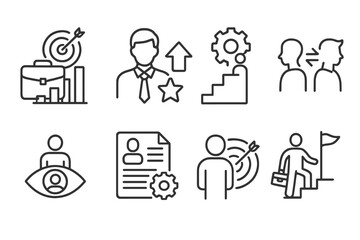 Career Goal Icons. Line style icons of goal setting: career goals, promotion icon, skill ladder, role change, workplace vision,