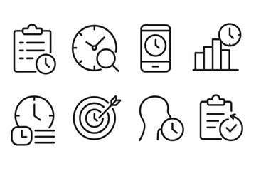 Time Management Icons. Line style icons of time management: time audit, analyze use, log tracker, review chart, time spent, goal