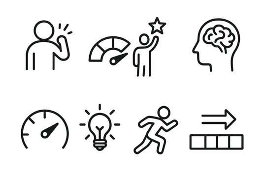Motivation Icon Set. Line style icons of motivation themes: self-drive, energy meter, personal best, mindset icon, willpower gauge