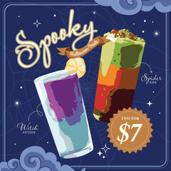 Cocktail social media design with Halloween theme on blue background