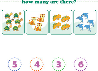 Counting game of wild animals for preschool kids. Printable. Vector Illustration