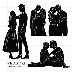 Set of Black and white wedding couples silhouettes