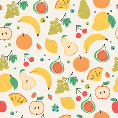 Seamless pattern with tropical and summer fruits. summer background. Apple, pear, watermelon, mango, lemon, pomegranate, orange, banana, orange slices, grapes, cherry. Flat illustration.