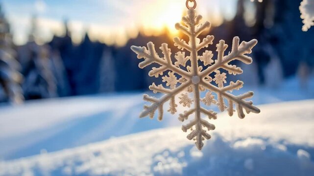 Winter solstice backdrop featuring a delicate snowflake ornament against a snowy forest and warm sunlight, evoking seasonal holiday charm.