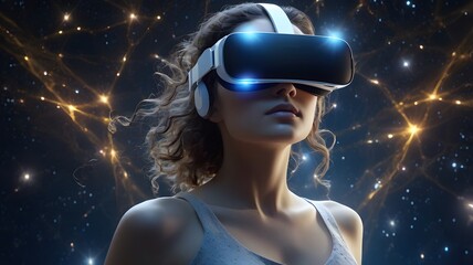 Woman wearing vr headset exploring virtual reality metaverse digital world simulation