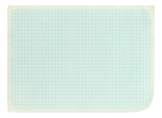 Vintage sheet of blue graph paper with a grid pattern and lightly rounded edges on transparent background.