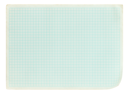 Vintage sheet of blue graph paper with a grid pattern and lightly rounded edges on transparent background.