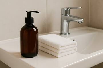 Happy Father day Minimalist Bathroom Essentials: Amber Bottle, Towels, and Faucet