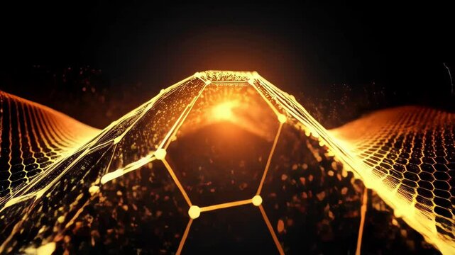 Abstract honeycomb structure with a golden glow emanating from its center forming a scientific digital technology background with connected dots.