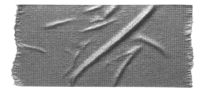 Crumpled piece of silver duct tape highlighting textured surface and frayed edges on transparent background.