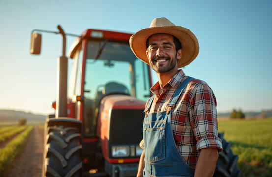 Portrait of smiling latino farmer posing with tractor in field. Man wearing straw hat. Agricultural worker, farm owner. Rural life, farming, harvest concept.