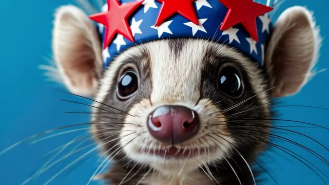 Cute ferret wearing starry hat with blue background. Independence Day, Fourth of July, July 4th - American Freedom Celebration, US National Holiday USA