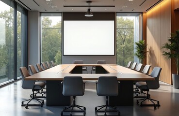 Modern conference room with large windows. U-shaped table, chairs, projector screen. Meeting room interior design. Bright space for presentation, teamwork, business strategy planning.