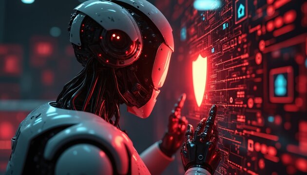 Futuristic robot analyzes digital shield for cyber security AI protection. Glowing red interface with data, code, network system. Machine learning, innovation, tech concept in cyberspace.