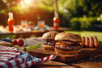 Grilled Burgers and Hot Dogs at Patriotic American Backyard Barbecue