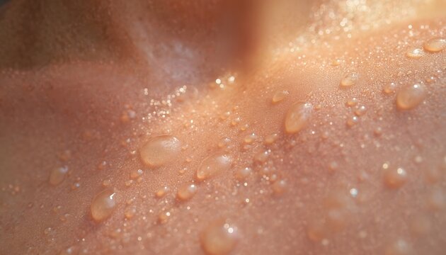 Close-up view of dewy skin texture. Glistening moisture on skin. Healthy skin hydration concept. Representing beauty wellness, cosmetics skincare, fresh healthy glowing appearance.