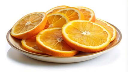 Freshly cut orange slices arranged on a white plate, vibrant color
