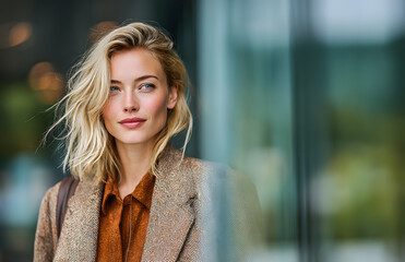 Stylish blonde woman walking near modern glass store windows