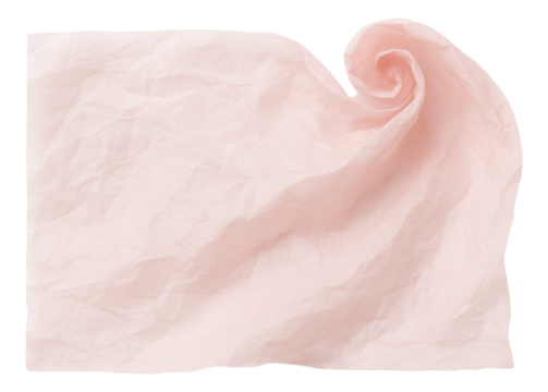 Crumpled pink tissue paper sheet displaying texture and gentle folds on transparent background.