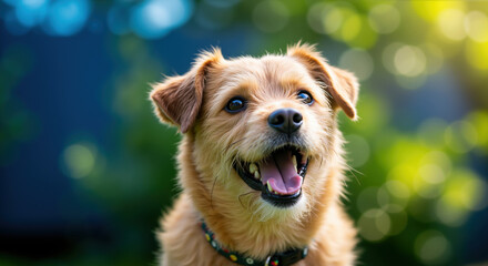 Excited small terrier mix dog with wide open mouth on colorful bokeh background. Joyful canine expression for pet food advertising and training services