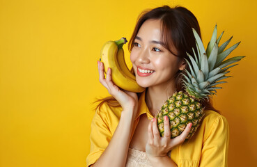 Smiling young woman holding fresh pineapple, banana against yellow background. Attractive asian female promotes healthy eating diet vitamins with tropical fruits. Beauty, wellness, vegetarian, vegan