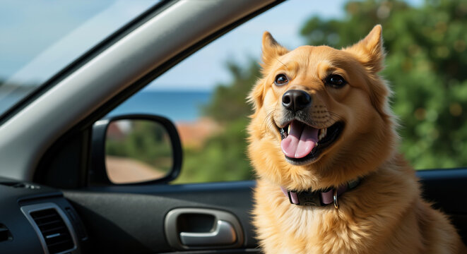 Happy golden mixed breed dog with tongue out sitting in car window during road trip. Pet travel safety for automotive accessories and vacation planning services