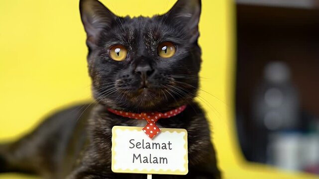 Funny Black Cat Wearing Red Polka Dot Collar Holding Selamat Malam Sign on Yellow Background