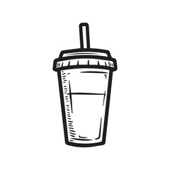 Pop plastic tare of tasty cool ice sweet gas softdrink coctail on white background. Line black ink hand drawn mug logo sketch in art doodle engraving style pen on paper with space for text on label