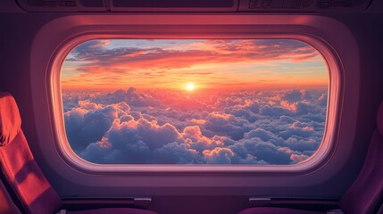 Serene cloudscape view from a passenger window on a plane at sunrise with a scenic background