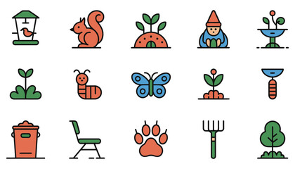 Fototapeta premium Here's a set of cartoon garden icons perfect for Christmas and New Year holiday designs, featuring winter trees, gift decorations, and a festive snowman