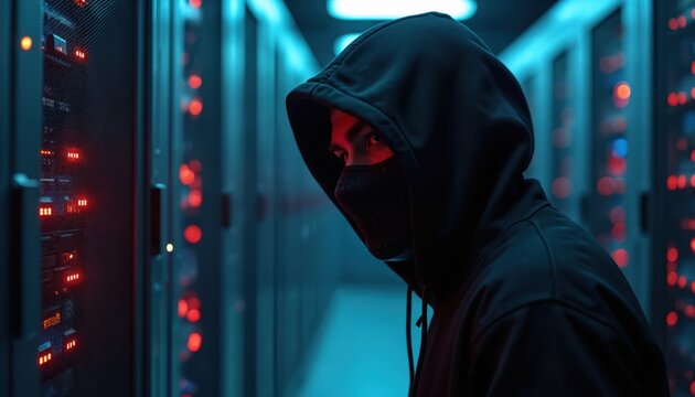 Illustration hacker stealing data from server room in data center. Anonymous person in hoodie, mask looking at server equipment. Concept of cybercrime fraud, information security, digital online