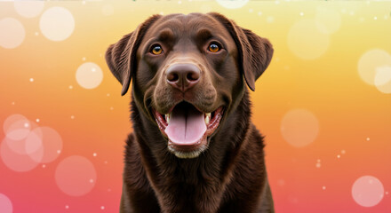 Fototapeta premium Happy chocolate labrador with pink tongue out smiling on warm orange gradient background with bokeh lights. Joyful canine portrait for pet care services and marketing campaigns