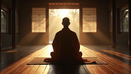 Buddhist monk practices Zazen meditation in peaceful place. Sunlight shines through wooden window, creating serene atmosphere. Practice of mindfulness, promoting inner peace, spiritual growth in