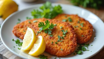 Traditional Cotoletta alla Milanese dish served on white plate. Fried breaded veal cutlets with fresh lemon wedges, parsley garnish. Classic italian cuisine. Restaurant menu, delicious gourmet food.