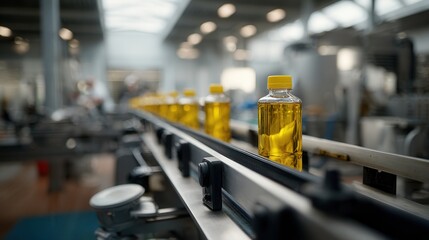 This shows production line with bottles of yellow liquid, likely oil, moving along conveyor belt in factory setting, with modern and clean environment, indicating food or beverage manufacturing