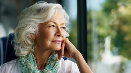 Happy senior woman looking through bus window. Older female traveler sitting on a public vehicle, enjoying the ride and natural view.
