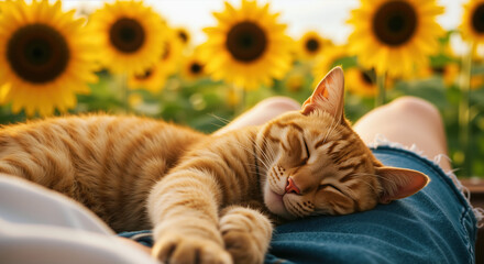 Peaceful orange tabby cat sleeping on woman lap in sunflower field during golden hour. Relaxed feline lifestyle for comfort products and wellness campaigns