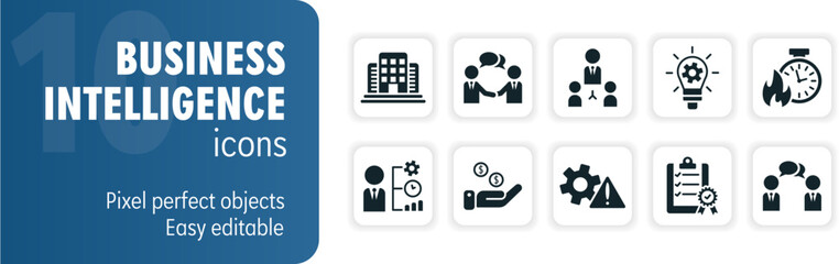 Business intelligence glyph icon set presenting business activities