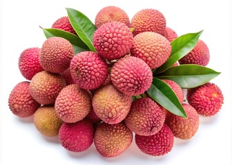 Pile of Fresh Lychee Fruit with Green Leaves on White Background