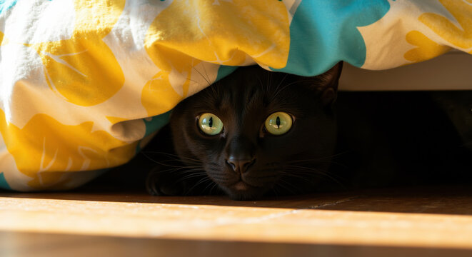Curious black cat with yellow eyes hiding under colorful yellow flowers looking directly at camera. Playful feline behavior for pet product and spring marketing campaigns