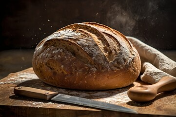 Freshly Baked Sourdough Bread Loaf With Rustic Knife And Flour Dusting