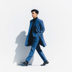 A full-body shot of an actor or cartoon character, a business man in a blue suit and coat moving on a white background, 