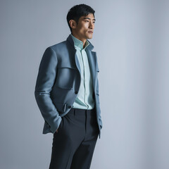 Full body cinematic portrait of a visionary East Asian businessman in his 40s, wearing a clean, tailored navy-blue suit with a light blue shirt, looking thoughtfully to the horizon