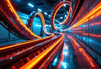 Futuristic neon-lit roller coaster tracks in a vibrant underground amusement park