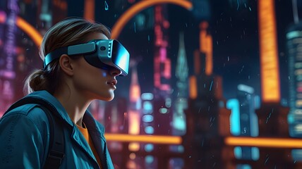 Woman using vr headset in futuristic city exploring metaverse virtual reality gaming tech