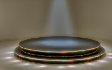 Circular stage illuminated by spotlights